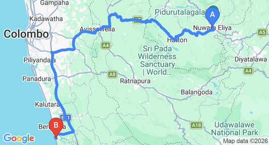 Driving route map: Nuwara Eliya to Bentota (204 km, approx 5 h 25 min private transfer)
