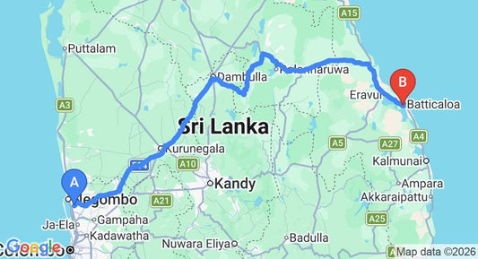 Driving route map: Colombo Airport (CMB) to Hotel Subaraj Inn, Batticaloa (292 km, approx 6 h 3 min private transfer)