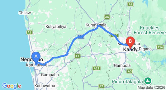 Driving route map: Colombo Airport (CMB) to Kandy (114 km, approx 2 h 51 min private transfer)
