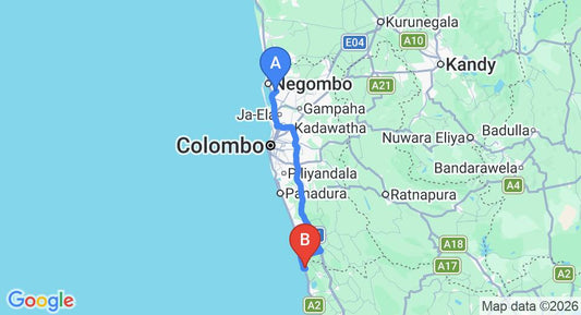 Driving route map: Colombo Airport (CMB) to Leela Waluwa, Induruwa (114 km, approx 1 h 50 min private transfer)