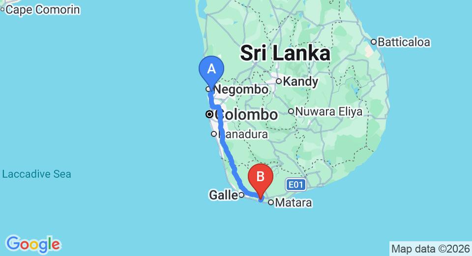 Driving route map: Colombo Airport (CMB) to Neptune Resort, Weligama (171 km, approx 2 h 22 min private transfer)