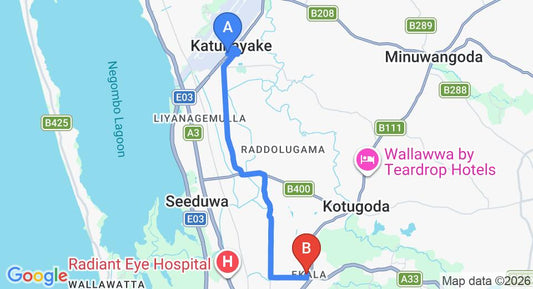 Driving route map: Colombo Airport (CMB) to Ekala Retreat, Ja Ela (11 km, approx 26 min private transfer)