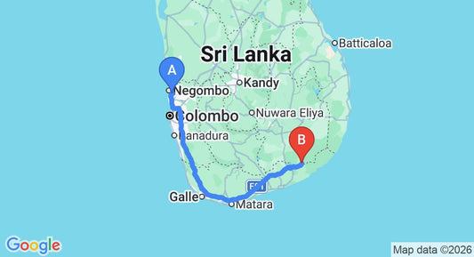 Driving route map: Colombo Airport (CMB) to Mandara Rosen,Kataragama, Kataragama (283 km, approx 3 h 44 min private transfer)