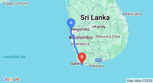 Driving route map: Colombo Airport (CMB) to Sevonra, Unawatuna (153 km, approx 2 h 9 min private transfer)
