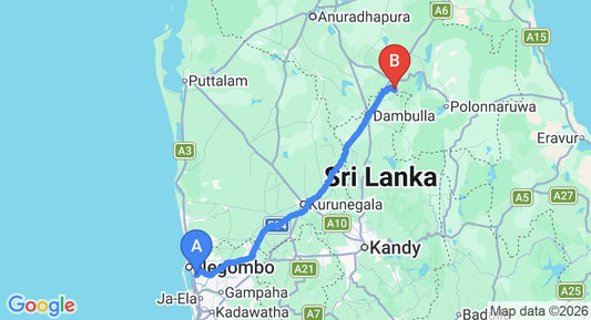 Driving route map: Colombo Airport (CMB) to Amelia Resort, Sigiriya (151 km, approx 3 h 19 min private transfer)