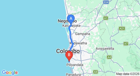 Driving route map: Colombo Airport (CMB) to Royce Hotel, Mount Lavinia (43 km, approx 1 h 10 min private transfer)