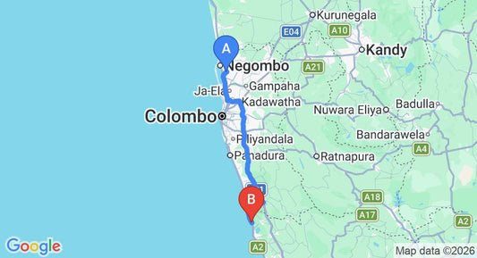 Driving route map: Colombo Airport (CMB) to Kosgoda Beach Resort, Kosgoda (118 km, approx 1 h 54 min private transfer)