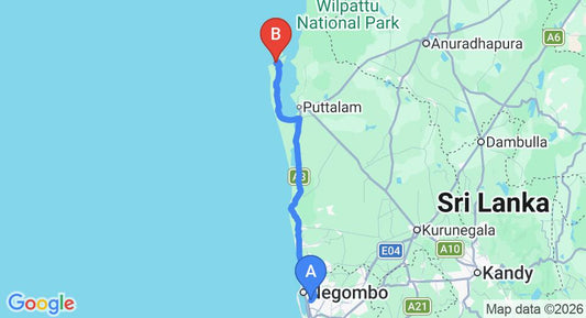 Driving route map: Colombo Airport (CMB) to Funky Far Nest Tropical Resort, Kalpitiya (140 km, approx 3 h 16 min private transfer)
