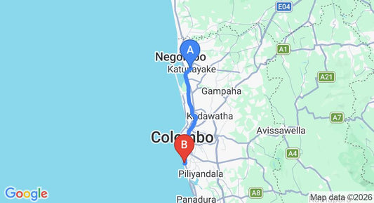 Driving route map: Colombo Airport (CMB) to Berjaya Hotel Colombo, Mount Lavinia (43 km, approx 1 h 9 min private transfer)