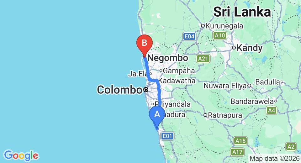 Driving route map: Kalutara to Negombo (86 km, approx 1 h 35 min private transfer)