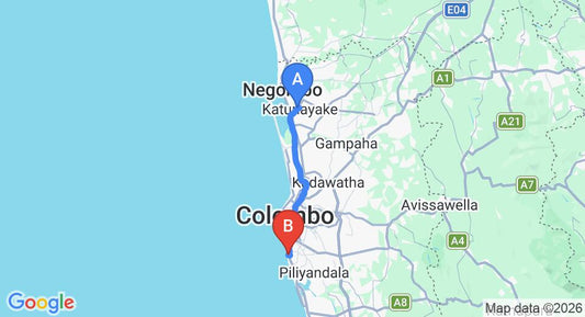 Driving route map: Colombo Airport (CMB) to Mount Lavinia House, Mount Lavinia (43 km, approx 1 h 10 min private transfer)