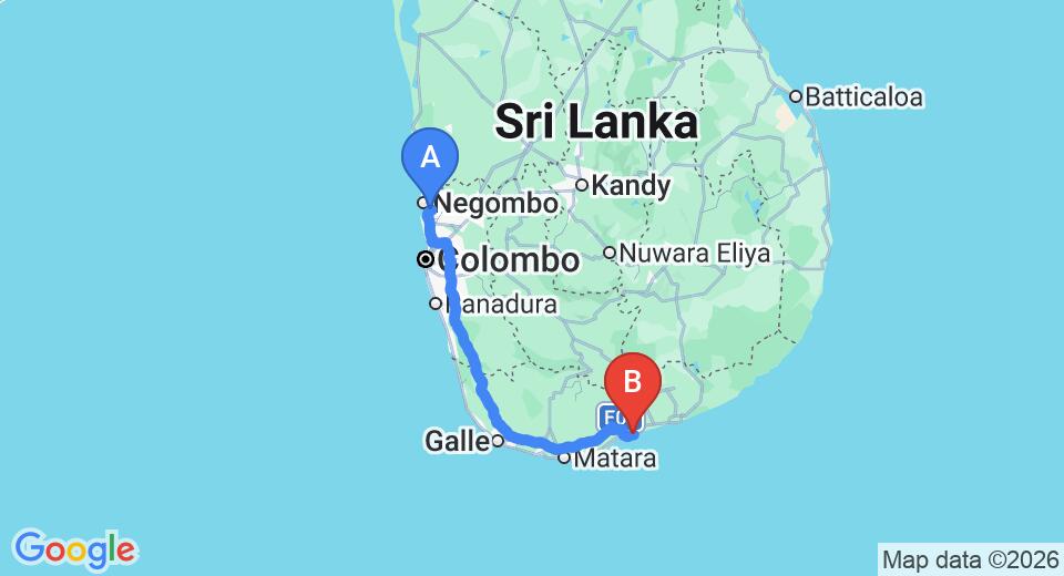 Driving route map: Colombo Airport (CMB) to Ananya Beach Resort, Tangalle (224 km, approx 3 h 10 min private transfer)