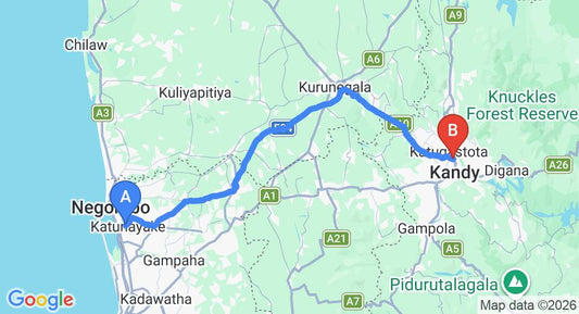 Driving route map: Colombo Airport (CMB) to Hotel Comfort Home Stay, Kandy (110 km, approx 2 h 39 min private transfer)