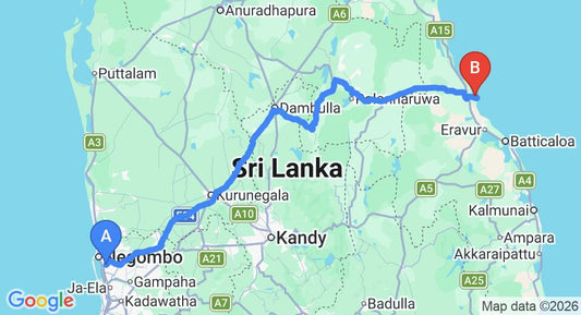 Driving route map: Colombo Airport (CMB) to Uga Bay, Pasikuda (267 km, approx 5 h 29 min private transfer)