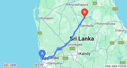 Driving route map: Colombo Airport (CMB) to Jays Holiday, Habarana (154 km, approx 3 h 18 min private transfer)