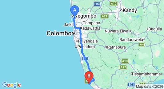 Driving route map: Colombo Airport (CMB) to Riff Hikkaduwa, Hikkaduwa (143 km, approx 2 h 7 min private transfer)