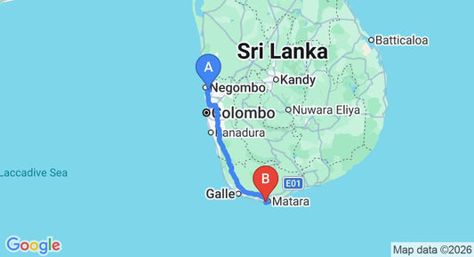 Driving route map: Colombo Airport (CMB) to Beach Inns Holiday Resort, Matara (185 km, approx 2 h 35 min private transfer)