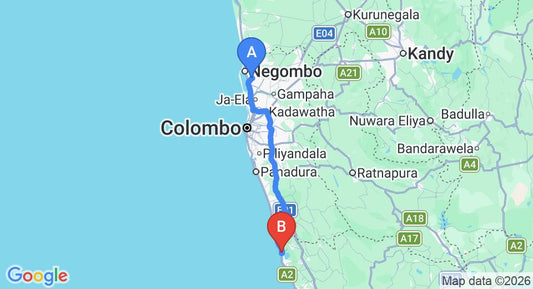 Driving route map: Colombo Airport (CMB) to Heritance Ahungalla, Ahungalla (121 km, approx 2 h 0 min private transfer)