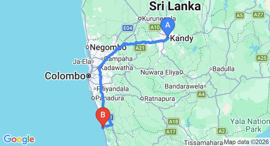 Driving route map: Kandy to Bentota (177 km, approx 4 h 6 min private transfer)
