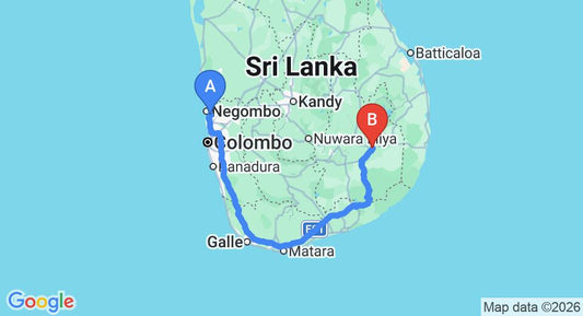 Driving route map: Colombo Airport (CMB) to Moneragala (346 km, approx 4 h 56 min private transfer)