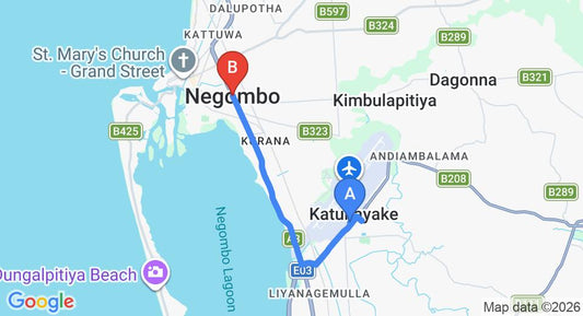 Driving route map: Colombo Airport (CMB) to Grandeeza Luxury Hotel, Negombo (9 km, approx 20 min private transfer)