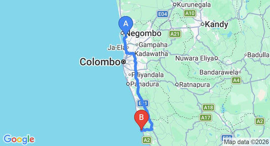Driving route map: Colombo Airport (CMB) to Villa Balapitiya Beach, Balapitiya (134 km, approx 2 h 4 min private transfer)
