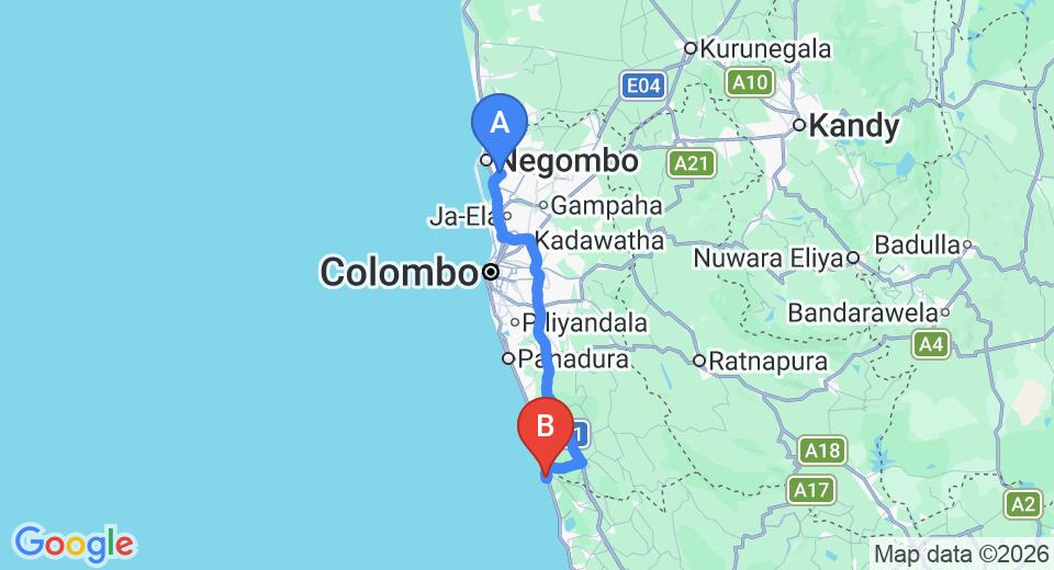 Driving route map: Colombo Airport (CMB) to The Villa, Bentota (109 km, approx 1 h 43 min private transfer)