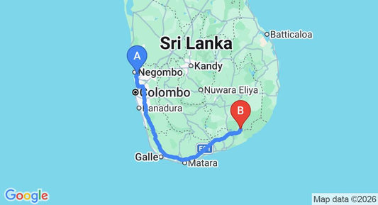 Driving route map: Colombo Airport (CMB) to The Grand Tamarind Lake, Kataragama (283 km, approx 3 h 41 min private transfer)