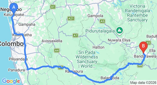 Driving route map: Colombo Airport (CMB) to National Holiday Resort - Bandarawela, Bandarawela (221 km, approx 5 h 26 min private transfer)