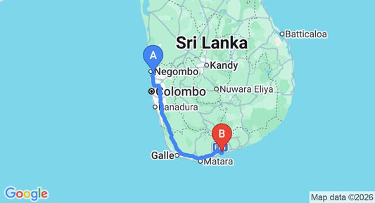 Driving route map: Colombo Airport (CMB) to Cashew Garden, Tangalle (220 km, approx 2 h 57 min private transfer)