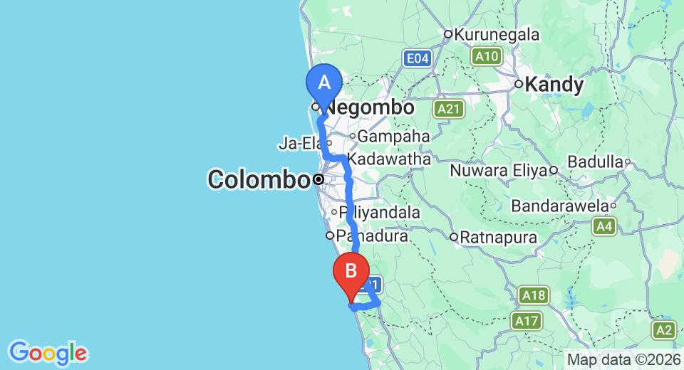 Driving route map: Colombo Airport (CMB) to Riverina Hotel, Beruwala (108 km, approx 1 h 43 min private transfer)