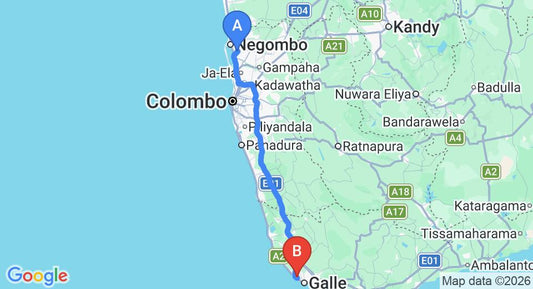 Driving route map: Colombo Airport (CMB) to Gintota (147 km, approx 2 h 15 min private transfer)