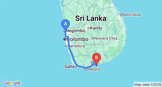 Driving route map: Colombo Airport (CMB) to Back of Beyond - Kahandamodara, Tangalle (227 km, approx 3 h 5 min private transfer)
