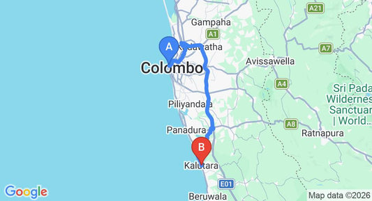 Driving route map: Colombo Seaport to Kalutara (78 km, approx 1 h 26 min private transfer)