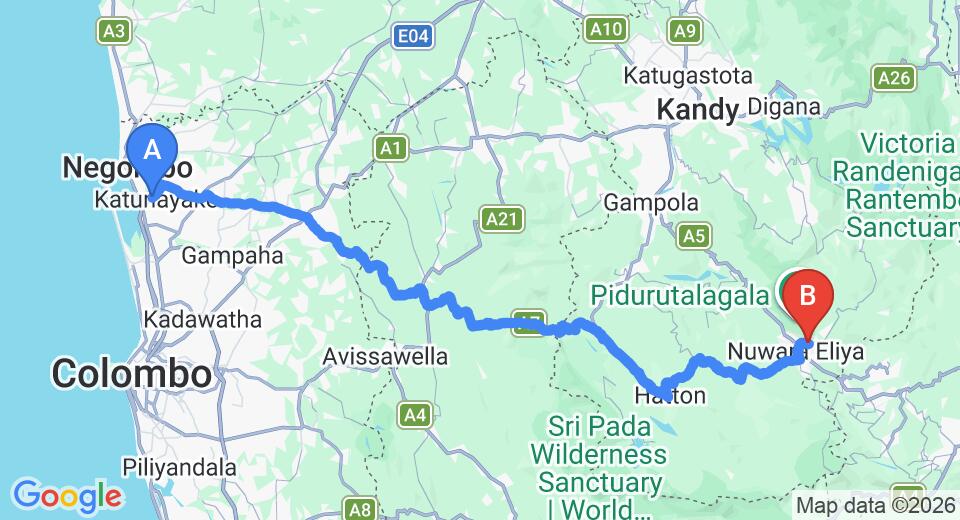 Driving route map: Colombo Airport (CMB) to Oasis Bungalow, Nuwara Eliya (156 km, approx 4 h 48 min private transfer)