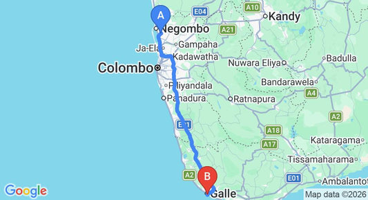Driving route map: Colombo Airport (CMB) to 79 Leyn Baan, Galle (153 km, approx 2 h 14 min private transfer)