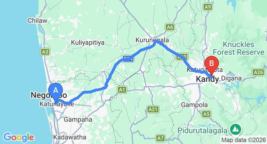 Driving route map: Colombo Airport (CMB) to Grand Kandy Villa, Kandy (115 km, approx 2 h 51 min private transfer)
