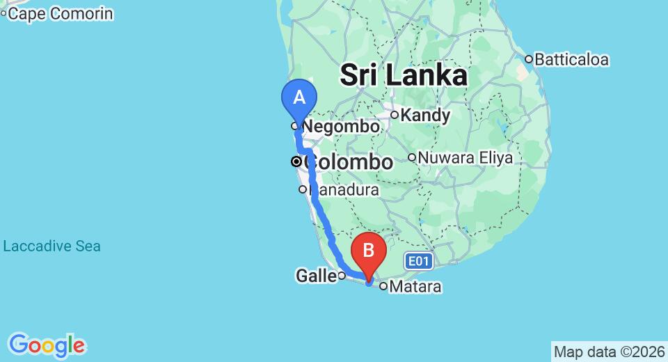 Driving route map: Colombo Airport (CMB) to Brizo, Weligama (172 km, approx 2 h 24 min private transfer)