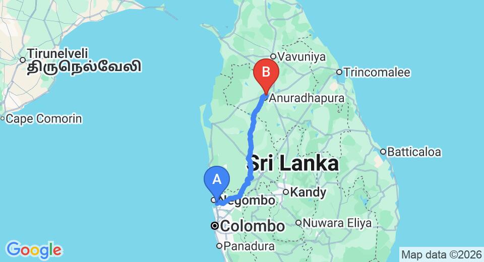 Driving route map: Colombo Airport (CMB) to Rajarata Hotel, Anuradhapura (176 km, approx 3 h 49 min private transfer)