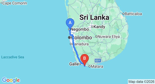 Driving route map: Colombo Airport (CMB) to The Southern Gate, Ahangama (168 km, approx 2 h 25 min private transfer)