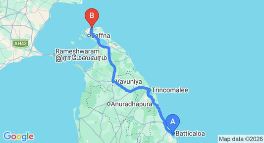 Driving route map: Batticaloa (BTC) Airport to Jaffna (JAF) Airport (379 km, approx 7 h 18 min private transfer)