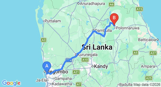 Driving route map: Colombo Airport (CMB) to Hotel Lake Park, Polonnaruwa (194 km, approx 4 h 0 min private transfer)