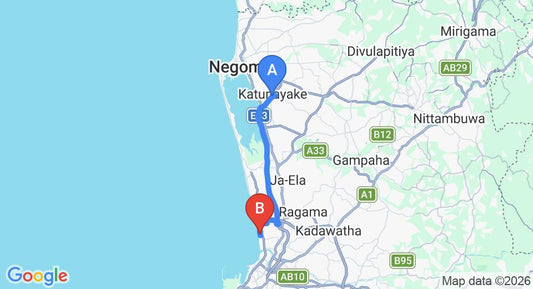 Driving route map: Colombo Airport (CMB) to Pegasus Reef Hotel, Wattala (25 km, approx 37 min private transfer)