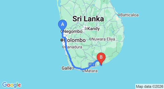 Driving route map: Colombo Airport (CMB) to Ocean Cottage Kalametiya by Everton Holidays, Hambantota (269 km, approx 3 h 27 min private transfer)