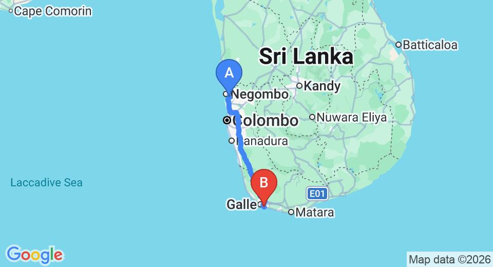 Driving route map: Colombo Airport (CMB) to Sanmira Renaissance, Unawatuna (153 km, approx 2 h 9 min private transfer)
