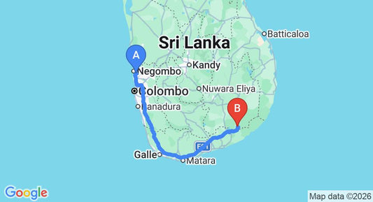 Driving route map: Colombo Airport (CMB) to Sella Holiday Resort, Kataragama (285 km, approx 3 h 44 min private transfer)