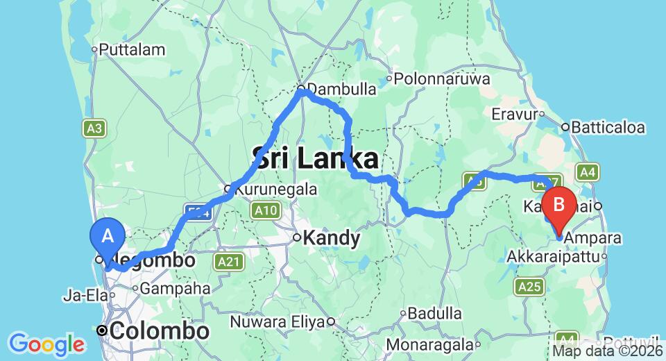 Driving route map: Colombo Airport (CMB) to Gal Oya Lodge, Ampara (323 km, approx 6 h 26 min private transfer)