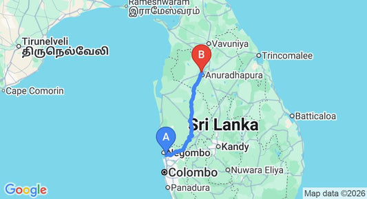 Driving route map: Colombo Airport (CMB) to The Sanctuary at Tissawewa, Anuradhapura (174 km, approx 3 h 45 min private transfer)