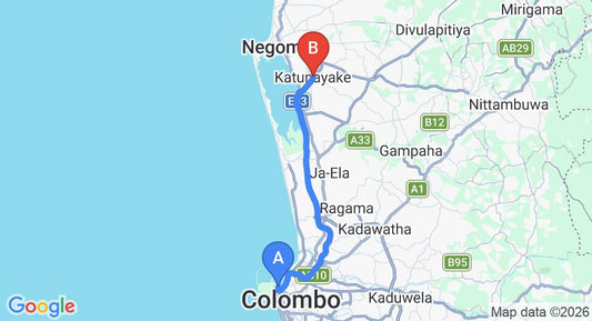 Driving route map: Colombo Seaport to Katunayake (33 km, approx 35 min private transfer)