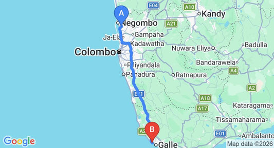 Driving route map: Colombo Airport (CMB) to Amari Galle, Galle (147 km, approx 2 h 16 min private transfer)